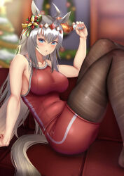 Rule 34 | 1girl, ahoge, animal ears, arm up, bell, black pantyhose, blue eyes, blurry, blurry background, breasts, christmas, commentary, couch, covered navel, depth of field, english text, flower, food, from side, hair bell, hair flower, hair ornament, highres, holding, holding food, horse ears, horse girl, horse tail, indoors, large breasts, leaning back, long hair, looking at viewer, oguri cap (umamusume), on couch, one-piece swimsuit, pantyhose, pantyhose under shorts, pantyhose under swimsuit, parted lips, red one-piece swimsuit, shorts, single vertical stripe, sitting, solo, swimsuit, tail, tsukareme, turkey (food), umamusume