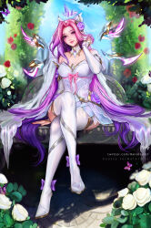 Rule 34 | 1girl, bare shoulders, boots, breasts, bug, butterfly, collarbone, crossed legs, crystal rose seraphine, detached sleeves, dress, flower, hair flower, hair ornament, highres, insect, large breasts, league of legends, long hair, merellyne, multicolored hair, outdoors, pink eyes, pink flower, pink hair, purple hair, red flower, red rose, rose, seraphine (league of legends), sitting, smile, solo, thigh boots, tree, two-tone hair, watermark, web address, white dress, white flower, white footwear
