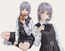 Rule 34 | 1girl, belt buckle, black bow, black bowtie, black dress, black socks, bow, bowtie, buckle, chainsaw man, dress, earrings, eating, fami (chainsaw man), food, highres, holding, holding food, holding pizza, indian style, jewelry, light purple hair, looking at viewer, mole, mole under eye, mole under mouth, multiple views, pinafore dress, pizza, pizza slice, pleated dress, ringed eyes, school uniform, shiren (ourboy83), shirt, shoes, simple background, sitting, sleeveless, sleeveless dress, sneakers, socks, white shirt