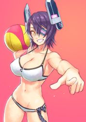 Rule 34 | 10s, 1girl, ball, bare shoulders, beachball, bikini, breasts, cleavage, collarbone, covered erect nipples, cowboy shot, eyepatch, fang, female focus, foreshortening, grin, headgear, kantai collection, large breasts, looking at viewer, navel, pointing, pointing at viewer, purple hair, red background, sharp teeth, short hair, simple background, smile, solo, swimsuit, teeth, tenryuu (kancolle), white bikini, yellow eyes, yuuji (and)
