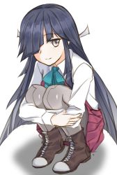 Rule 34 | 1girl, blue bow, blue bowtie, blue hair, boots, bow, bowtie, brown footwear, closed mouth, collared shirt, commentary request, grey eyes, grey pantyhose, hair over one eye, hayashimo (kancolle), hugging own legs, kantai collection, long sleeves, looking at viewer, one eye covered, pallad, pantyhose, pleated skirt, red skirt, shirt, simple background, skirt, smile, solo, squatting, white background, white shirt, wing collar