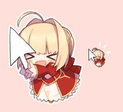 Rule 34 | &gt; &lt;, 10s, 1girl, :d, > <, ahoge, blonde hair, blush, chibi, closed eyes, commentary request, cursor, dress, fate/extra, fate (series), hair intakes, munuko, nero claudius (fate), nero claudius (fate) (all), nero claudius (fate/extra), open mouth, pixel art, red dress, simple background, smile, solo, xd