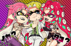 Rule 34 | 3boys, black lips, blonde hair, blue eyes, clenched teeth, diavolo, dual persona, fangs, fingerless gloves, fishnets, formal, gloves, gradient background, green eyes, hagikou (l6lul6l), inkling, inkling player character, jojo no kimyou na bouken, kira yoshikage, lipstick, makeup, male focus, multicolored eyes, multiple boys, necktie, nintendo, open mouth, pink hair, pointy ears, shirt, splatoon (series), splatoon 1, striped background, striped clothes, striped shirt, suit, sweat, tattoo, teeth, tentacle hair, wristband, yellow eyes