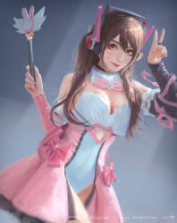 Rule 34 | 1girl, absurdres, arms up, artist name, asymmetrical sleeves, bow, breasts, brown eyes, brown hair, character cutout, cleavage, commentary, d.va (overwatch), dated, detached sleeves, dress, english commentary, english text, facepaint, facial mark, hair between eyes, headset, highres, holding, holding wand, large breasts, long sleeves, looking at viewer, mars foong, mismatched sleeves, overwatch, overwatch 1, pink bow, pink dress, pink facepaint, pink ribbon, rabbit symbol, ribbon, solo, speedpaint, v, wand, whisker markings