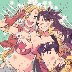 Rule 34 | + +, 2girls, bandaid, black hair, blonde hair, blue eyes, breast press, breasts, bruise, calamity jane (fate), earrings, facial mark, fate/grand order, fate (series), fingerless gloves, gloves, grin, hand on another&#039;s shoulder, hand on own hip, highres, hoop earrings, injury, ishtar (fate), jewelry, large breasts, midriff, multiple girls, nail polish, navel, one eye closed, red eyes, shorts, side ponytail, small breasts, smile, space ishtar (fate), space ishtar (second ascension) (fate), sparkle, star (symbol), star facial mark, torn clothes, twintails, v, yukataro