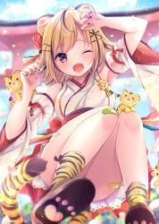 Rule 34 | 1girl, animal, animal ears, animal print, arm up, bare shoulders, black footwear, black hair, blonde hair, blurry, blurry background, brown eyes, chinese zodiac, commentary request, day, depth of field, detached sleeves, fangs, hair ornament, hairclip, japanese clothes, kimono, looking at viewer, multicolored hair, nail polish, nemuri nemu, nengajou, new year, one eye closed, open mouth, original, outdoors, pleated skirt, print socks, red skirt, shoe soles, short sleeves, skirt, sleeveless, sleeveless kimono, socks, solo, streaked hair, tail, tiger, tiger ears, tiger girl, tiger print, tiger tail, torii, twitter username, white kimono, white sleeves, wide sleeves, x hair ornament, year of the tiger