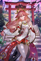 Rule 34 | 1girl, animal ears, bare shoulders, bow, branch, cherry blossoms, closed mouth, commentary, day, detached sleeves, earrings, feet out of frame, floating hair, floppy ears, flower knot, fox ears, genshin impact, hair bow, hair ornament, hand up, highres, japanese clothes, jewelry, long hair, low ponytail, nontraditional miko, outdoors, outstretched hand, pink hair, purple eyes, ribbon trim, shirt, sleeveless, sleeveless shirt, smile, stairs, standing, thighs, tim kong, torii, tree, turtleneck, white sleeves, wide sleeves, yae miko