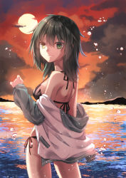 Rule 34 | 1girl, alternate costume, bad id, bad pixiv id, bikini, blush, breasts, closed mouth, cloud, green eyes, green hair, hair between eyes, heterochromia, jacket, kantai collection, kiso (kancolle), looking at viewer, ocean, scar, scar across eye, scar on face, small breasts, solo, sunset, swimsuit, water drop, yellow eyes, yuihira asu