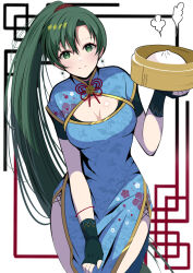 Rule 34 | 1girl, baozi, blue dress, bracelet, breasts, china dress, chinese clothes, chinese knot, cleavage, cleavage cutout, clothing cutout, dress, earrings, fe135700, fire emblem, floral print, food, gloves, gold trim, green eyes, green hair, high ponytail, highres, jewelry, long hair, looking at viewer, lyn (fire emblem), medium breasts, nintendo, partially fingerless gloves, side split, simple background, smile, solo, steam, thighs, very long hair