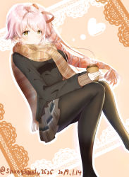 Rule 34 | 1girl, alternate costume, bad id, bad pixiv id, black jacket, black pantyhose, blush, brown eyes, brown sweater, closed mouth, coffee cup, cup, disposable cup, hair flaps, heart, highres, jacket, kantai collection, long hair, long sleeves, pantyhose, pink hair, pleated skirt, ponytail, scarf, shanghmely, skirt, solo, sweater, very long hair, yura (kancolle)