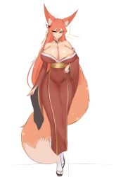 Rule 34 | 1girl, absurdres, animal ear fluff, animal ears, bare shoulders, blush, breasts, center opening, fox ears, fox girl, fox tail, hair between eyes, hair ornament, halo, highres, japanese clothes, kimono, kitsune, krass, large breasts, long hair, long sleeves, looking at viewer, off shoulder, orange eyes, orange hair, orange tail, original, red kimono, sandals, simple background, smile, solo, tail, white background