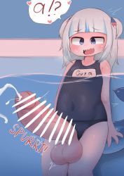Rule 34 | 1futa, blue eyes, blush, censored, cum, ejaculation, english text, flat chest, futanari, gawr gura, has uncensored version, highres, hololive, hololive english, huge penis, penis, pointless censoring, school swimsuit, solo, swimsuit, testicles, virtual youtuber, water, white hair, zkky2nd