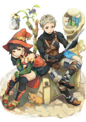 Rule 34 | 1boy, 1girl, armor, bandolier, bike shorts, black thighhighs, bodysuit, book, boots, bracer, brown hair, cat, cobblestone, detached collar, detached sleeves, elbow rest, flower, geetgeet, green eyes, green thighhighs, grey hair, hat, head rest, knee pads, leaning forward, long hair, looking at another, open mouth, original, pouch, short hair, sitting, skirt, staff, sword, thighhighs, turtleneck, vial, weapon, white background, witch hat