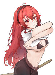 Rule 34 | 1girl, absurdres, ahoge, black hairband, blush, breasts, bunching hair, cleavage, crossed bangs, eris greyrat, hair between eyes, hairband, highres, humany, large breasts, long hair, looking at viewer, mushoku tensei, navel, red eyes, red hair, shirt over head, simple background, solo, thick eyebrows, white background