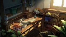 Rule 34 | book, book stack, bookshelf, chair, clock, desk, drawer, inkwell, no humans, open book, original, paper, plant, quill, roman numeral, scenery, shelf, study (room), table, window