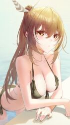 Rule 34 | 1girl, absurdres, bikini, black bikini, breasts, brown eyes, brown hair, cleavage, day, feather hair ornament, feathers, front-tie top, hair ornament, halterneck, highres, hololive, hololive english, long hair, looking at viewer, medium breasts, multicolored hair, nanashi mumei, outdoors, pool, poolside, side-tie bikini bottom, solo, somebody (leiking00), streaked hair, string bikini, swimsuit, virtual youtuber, water, wet
