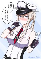 Rule 34 | 1girl, absurdres, adapted costume, black gloves, blonde hair, breasts, commentary request, cross, gloves, graf zeppelin (kancolle), grey eyes, hair between eyes, highres, iron cross, kantai collection, large breasts, long hair, looking at viewer, misono chiaki, necktie, one-hour drawing challenge, shirt, sidelocks, sleeveless, sleeveless shirt, solo, translation request, tupet, twintails, upper body, white headwear