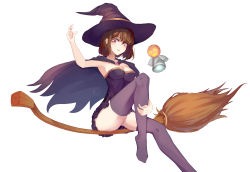 Rule 34 | 1girl, absurdres, black cape, black dress, black hat, breasts, broom, broom riding, brown hair, cape, cleavage, dress, halloween, halloween costume, hat, highres, katou megumi, looking at viewer, medium breasts, parted lips, pleated dress, pumpkin, purple thighhighs, red eyes, saenai heroine no sodatekata, short dress, short hair, sideboob, simple background, sleeveless, sleeveless dress, solo, striped clothes, striped dress, thighhighs, white background, witch, witch hat, yul0760