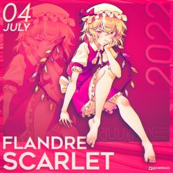 1girl 2022 absurdres artist_name back_bow barefoot blonde_hair bow character_name collared_shirt commentary dated english_commentary flandre_scarlet frilled_skirt frilled_sleeves frills hair_between_eyes hand_on_own_face hat hat_ribbon highres kwms looking_at_viewer mob_cap multicolored_wings pointy_ears puffy_short_sleeves puffy_sleeves red_background red_eyes red_ribbon red_skirt red_theme red_vest ribbon shirt short_sleeves skirt solo touhou twitter_logo twitter_username vest white_bow white_hat white_shirt wings zoom_layer