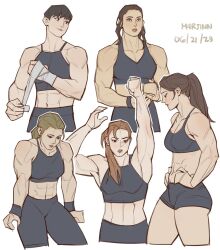 Rule 34 | 5girls, abs, black hair, blonde hair, brown hair, dated, english text, exercising, hand wraps, hands on own hips, highres, looking to the side, m4rjinn, multiple girls, muscular, muscular female, original, ponytail, red hair, short hair, signature, sweatband, tank top, white background