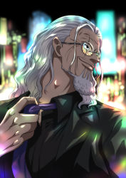 Rule 34 | 1boy, adam&#039;s apple, alternate costume, beard, black jacket, black shirt, blurry, blurry background, city, city lights, closed mouth, collared shirt, contemporary, facial hair, formal, glasses, grey hair, hair slicked back, jacket, lips, long hair, looking to the side, mature male, musasabiop, necktie, night, old, old man, one piece, open clothes, open jacket, purple necktie, scar, scar across eye, semi-rimless eyewear, shirt, silvers rayleigh, smile, solo, upper body, wing collar, wrinkled skin