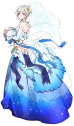 Rule 34 | 10s, 1girl, alternate costume, anastasia (idolmaster), aniki (chaji1129), aqua eyes, backless dress, backless outfit, blue ribbon, blush, bouquet, bridal veil, closed mouth, detached sleeves, dress, eyelashes, flower, from behind, full body, hair between eyes, hair flower, hair ornament, highres, holding, idolmaster, idolmaster cinderella girls, lace, lace-trimmed dress, lace trim, layered dress, lily (flower), looking at viewer, neck ribbon, pink flower, ribbon, short hair, silver hair, simple background, smile, solo, sparkle, veil, wedding dress, white background, white dress, white ribbon, white sleeves, yellow flower