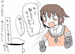 Rule 34 | 0 0, 10s, 1boy, 1girl, admiral (kancolle), alternate hairstyle, annoyed, blush, brown hair, comic, elbow gloves, gaiko kujin, gloves, hat, kantai collection, open mouth, school uniform, sendai (kancolle), serafuku, short hair, short twintails, simple background, sketch, speech bubble, sweatdrop, trolling, twintails, two side up, white background
