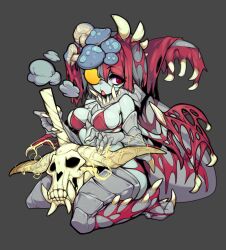 Rule 34 | 1girl, absurdres, armor, bikini, breasts, commentary, english commentary, full body, grey background, highres, large breasts, looking to the side, monster hunter (series), mushroom on head, open mouth, personification, red bikini, red eyes, red hair, simple background, sitting, skull, slugbox, solo, swimsuit, vaal hazak, wariza, wings