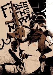 Rule 34 | 1girl, bad id, bad twitter id, breasts, breasts out, gloves, gun, helmet, highres, holding, holding gun, holding weapon, long hair, monochrome, nipples, original, rifle, scarf, sniper rifle, solo, weapon, z-ton