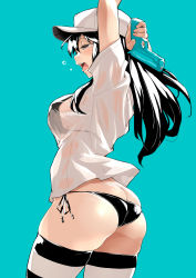 Rule 34 | 1girl, aqua background, arms up, ass, baseball cap, bikini, bikini under clothes, black bikini, black eyes, black hair, blue background, breasts, butt crack, contrapposto, cowboy shot, half-closed eyes, hat, highres, kekemotsu, large breasts, long hair, no pants, original, see-through, see-through silhouette, shirt, side-tie bikini bottom, sideboob, simple background, skindentation, solo, standing, stretching, striped clothes, striped thighhighs, swimsuit, t-shirt, tears, thighhighs, tongue, tongue out, water gun, wet, wet clothes, wet shirt, white shirt, yawning