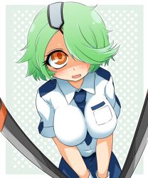 Rule 34 | 1girl, bioroid hei, bladed tonfa, blush, breasts, breasts squeezed together, dual wielding, eyepatch, gloves, green hair, hair ornament, hair over one eye, holding, impossible clothes, impossible shirt, large breasts, looking at viewer, looking up, necktie, open mouth, orange eyes, otonashi kiruko, pencil skirt, police, police uniform, policewoman, ringed eyes, shinmai fukei kiruko-san, shirt, short hair, simple background, skirt, smile, solo, tonfa, uniform, wavy mouth, weapon, yellow eyes