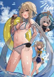 Rule 34 | 3girls, armpits, arms behind head, barbara (genshin impact), barbara (summertime sparkle) (genshin impact), bikini, blonde hair, blue headwear, blue sailor collar, breasts, commentary request, drill hair, genshin impact, halo, hat, highres, innertube, lumine (genshin impact), medium breasts, medium hair, multiple girls, navel, one-piece swimsuit, open mouth, outdoors, paimon (genshin impact), partially submerged, sailor collar, sailor hat, smile, swim ring, swimsuit, the olphy, twin drills, water, wet, white bikini, white hair, yellow eyes