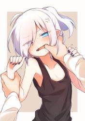 Rule 34 | 1boy, 1girl, anger vein, arm grab, azuma shino, blue eyes, blush, drooling, finger in another&#039;s mouth, flat chest, hair over one eye, mouth pull, nail polish, nowareno (azuma shino), original, pointy ears, slit pupils, solo focus, teeth