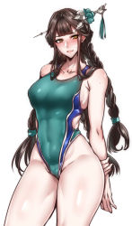 Rule 34 | 1girl, black hair, blue one-piece swimsuit, braid, braided ponytail, breasts, competition swimsuit, contemporary, covered navel, gggg, granblue fantasy, green one-piece swimsuit, groin, hair ornament, hairpin, highleg, highleg swimsuit, highres, large breasts, long hair, looking at viewer, one-piece swimsuit, ponytail, shura (granblue fantasy), smile, solo, standing, swimsuit, thighs, two-tone swimsuit, yellow eyes