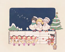 Rule 34 | 2girls, 3boys, ana (mother), bandana around neck, bell, bird, birdcage, black bow, black bowtie, black hair, blonde hair, blush stickers, bow, bowtie, braid, cage, canary, candy, candy cane, choir, christmas, christmas ornaments, christmas tree, cleft chin, closed eyes, cymbals, dress, food, freckles, glasses, grey hair, hair ribbon, hat, highres, instrument, lloyd (mother), mother (game), mother 1, multiple boys, multiple girls, music, musical note, ninten, nintendo, open mouth, pants, party hat, pink dress, pippi (mother), pompadour, red-tinted eyewear, red footwear, red ribbon, red socks, red vest, ribbon, robe, sasa (toriiro), shirt, singing, socks, staff (music), striped clothes, striped socks, tambourine, teddy (mother), tinted eyewear, tree, triangle (instrument), twin braids, twintails, vest, white headwear, white ribbon, white robe, white shirt, yellow bird, yellow pants