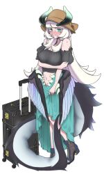 Rule 34 | 1girl, alternate costume, black dress, blush, breasts, chamber dragonmaid, dragon horns, dragon tail, dress, duel monster, full body, green eyes, highres, horns, large breasts, long hair, looking at viewer, off-shoulder shirt, off shoulder, shirt, tail, white background, white hair, yamasu (tmy-0902), yu-gi-oh!