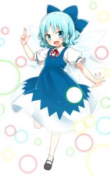 Rule 34 | 1girl, blue bow, blue dress, blue eyes, blue hair, bow, brown footwear, cirno, danmaku, dress, fang, hair bow, hand up, ice, ice wings, looking at viewer, mary janes, mitsumi nima, neck ribbon, open mouth, puffy short sleeves, puffy sleeves, red ribbon, ribbon, shoes, short sleeves, simple background, smile, socks, solo, touhou, white background, white socks, wings