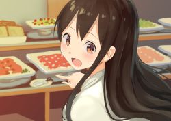 Rule 34 | 1girl, :d, akagi (kancolle), bread, brown eyes, brown hair, food, highres, japanese clothes, kantai collection, long hair, masukuza j, open mouth, pointing, scissors, smile, solo, sushi