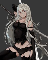 Rule 34 | 1girl, android, arm at side, arm behind head, arm up, armlet, bare shoulders, black footwear, black gloves, black shorts, black thighhighs, blue eyes, boots, breasts, broadsword, chain, closed mouth, collarbone, cowboy shot, elbow gloves, gloves, greatsword, grey background, highleg shorts, highres, holding, holding sword, holding weapon, huge weapon, joints, katana, legs apart, lips, long hair, looking at viewer, medium breasts, min (pixiv24629772), mole, mole under mouth, nier:automata, nier (series), patterned clothing, pink lips, pod (nier:automata), robot joints, shirt, short shorts, shorts, silver hair, simple background, skin tight, sleeveless, solo, standing, sword, tank top, taut clothes, taut shirt, thighhighs, very long hair, weapon, weapon on back, a2 (nier:automata)