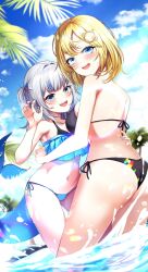 2girls :d ass back bikini black_bikini blonde_hair blue_bikini blue_eyes blue_hair blue_sky blush breasts claw_pose cloud day dimples_of_venus fins fish_tail gawr_gura gear_hair_ornament grey_hair hand_on_another&#039;s_waist highres hololive hololive_english hug large_breasts layered_bikini leaning_forward lens_flare long_hair looking_at_viewer looking_back micro_bikini monocle multicolored_hair multiple_girls navel ocean open_mouth outdoors palm_tree shark_girl shark_tail sharp_teeth side-tie_bikini_bottom sky smile splashing stomach strapless strapless_bikini streaked_hair string_bikini swimsuit tail teeth todalbok106 tree two_side_up upper_teeth_only v-shaped_eyebrows virtual_youtuber wading water watson_amelia