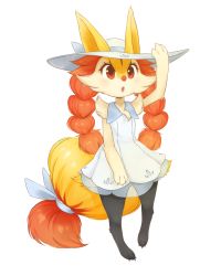 Rule 34 | 1girl, absurdres, animal ears, animal hands, arm up, blush, blushpumpkin, bow, braixen, claws, cosplay, creatures (company), dress, feet, fox ears, fox tail, full body, furry, furry female, game freak, gen 6 pokemon, hat, hat bow, highres, legs apart, lillie (pokemon) (cosplay), nintendo, open mouth, pokemon, pokemon sm, pokemon xy, red eyes, see-through, simple background, sleeveless, sleeveless dress, solo, standing, sun hat, tail, white background, white bow, white dress, white hat