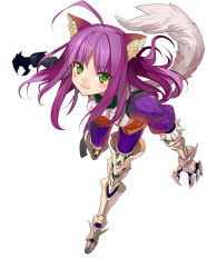 Rule 34 | 1girl, ahoge, animal ears, armor, blush, claw (weapon), claws, dragon maker, gaou (umaiyo puyoman), gauntlets, greaves, leaning forward, leg lift, long hair, looking at viewer, purple hair, simple background, smile, solo, tail, weapon