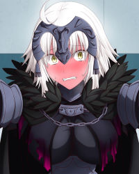 Rule 34 | 1girl, ahoge, blonde hair, blush, breasts, clenched teeth, fate/grand order, fate (series), feather trim, feathered cape, full-face blush, hasebe akira, headpiece, highres, jeanne d&#039;arc (fate), jeanne d&#039;arc alter (avenger) (fate), jeanne d&#039;arc alter (fate), kabedon, looking at viewer, medium breasts, solo, sweatdrop, tearing up, teeth, yellow eyes