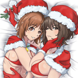 Rule 34 | 2girls, bed sheet, bell, bikini, breasts, brown eyes, brown hair, capelet, christmas, closed mouth, commentary, english commentary, frown, fur-trimmed capelet, fur-trimmed gloves, fur-trimmed headwear, fur trim, girls und panzer, glaring, gloves, hand on another&#039;s face, hat, highres, holding, holding mistletoe, huaronanago, large breasts, looking at another, medium breasts, mistletoe, multiple girls, neck bell, nishizumi maho, nishizumi miho, on bed, parted lips, red bikini, red capelet, red gloves, red headwear, santa gloves, santa hat, short hair, siblings, sisters, smile, swimsuit
