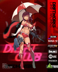 Rule 34 | 1girl, asymmetrical footwear, bikini, bikini under clothes, birdcage flash hider, boots, breasts, character name, cleavage, criss-cross halter, dark-skinned female, dark skin, elbow gloves, extended barrel, fangdan runiu, muzzle device, full body, girls&#039; frontline, gloves, gun, hair between eyes, hair ribbon, halterneck, high heel boots, high heels, highres, holding, holding umbrella, large breasts, long hair, looking at viewer, navel, official alternate costume, official art, one side up, purple hair, race queen, red bikini, red footwear, red shorts, ribbon, saiga-12, saiga-12 (crimson navigator) (girls&#039; frontline), saiga-12 (girls&#039; frontline), short shorts, shorts, shotgun, sidelocks, single boot, single thigh boot, skindentation, solo, stomach, swimsuit, thigh boots, thigh strap, thighhighs, umbrella, uneven footwear, weapon, white gloves, white thighhighs, yellow eyes