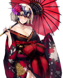 Rule 34 | 1girl, bare shoulders, blonde hair, blush, breasts, cleavage, fate/apocrypha, fate/grand order, fate (series), floral print, flower, flower request, hair flower, hair ornament, headpiece, japanese clothes, jeanne d&#039;arc (fate), jeanne d&#039;arc alter (avenger) (fate), jeanne d&#039;arc alter (fate), kimono, kurowa, large breasts, looking at viewer, oil-paper umbrella, rose print, short hair, simple background, solo, standing, umbrella, white background, yellow eyes