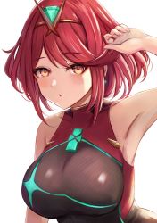 Rule 34 | 1girl, black one-piece swimsuit, breasts, chest jewel, competition swimsuit, highres, large breasts, leonmandala, one-piece swimsuit, pyra (pro swimmer) (xenoblade), pyra (xenoblade), red eyes, red hair, red one-piece swimsuit, short hair, solo, swept bangs, swimsuit, two-tone swimsuit, xenoblade chronicles (series), xenoblade chronicles 2