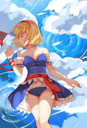 Rule 34 | 1girl, absurdres, adapted costume, alice margatroid, arm cuffs, bare shoulders, blonde hair, blue dress, blue panties, book, breasts, bubble, cameltoe, choker, cleavage, cloud, collarbone, dress, greetload, grimoire, hairband, highres, legs, lying, on back, panties, reflection, ribbon, ripples, short hair, sleeping, sunlight, thighs, touhou, underwear, water