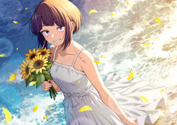 1girl absurdres arm_at_side audio_jack bare_arms bare_shoulders boku_no_hero_academia bouquet bubble collarbone commentary day diagonal_bangs dress falling_petals fingernails flower grin highres holding holding_bouquet jirou_kyouka kobaji light_rays long_earlobes looking_at_viewer ocean outdoors petals purple_eyes purple_hair revision short_hair sidelocks smile solo sparkle sunbeam sundress sunflower sunlight water white_dress