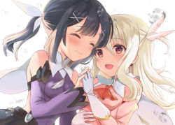Rule 34 | 2019, 2girls, :d, ^ ^, ascot, black hair, blurry, blurry foreground, blush, breasts, cape, closed eyes, closed mouth, depth of field, detached sleeves, earrings, fate/kaleid liner prisma illya, fate (series), feather hair ornament, feathers, gloves, hair between eyes, hair ornament, hairclip, holding hands, illyasviel von einzbern, interlocked fingers, jewelry, leotard, light brown hair, long sleeves, miyu edelfelt, multiple girls, one side up, open mouth, pink feathers, pink shirt, pink sleeves, prisma illya, purple leotard, purple sleeves, red ascot, seiru (prairie), shirt, signature, simple background, sleeveless, sleeveless shirt, small breasts, smile, tears, twintails, water drop, white background, white cape, white gloves, x hair ornament